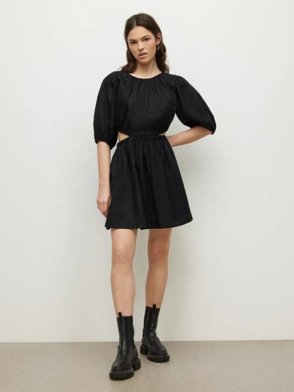 ALLSAINTS Colette Black 100% Linen Cut Out Fit & Flare Mini Dress, Size 10